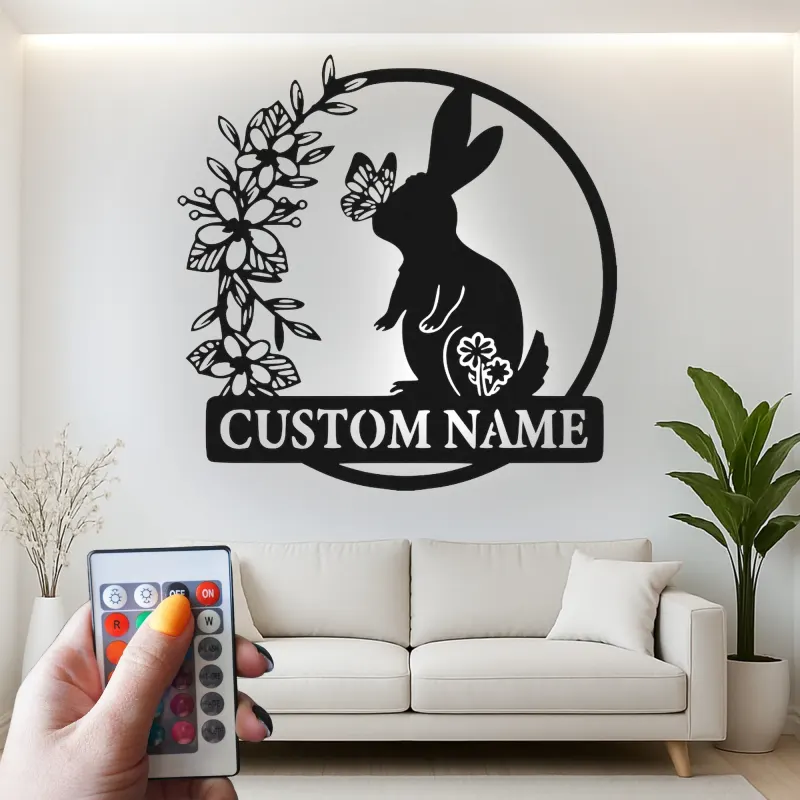 Personalized Rabbit Name Sign | LED Metal Wall Art for Nursery | Bunny & Butterfly Light | Baby Shower Gift