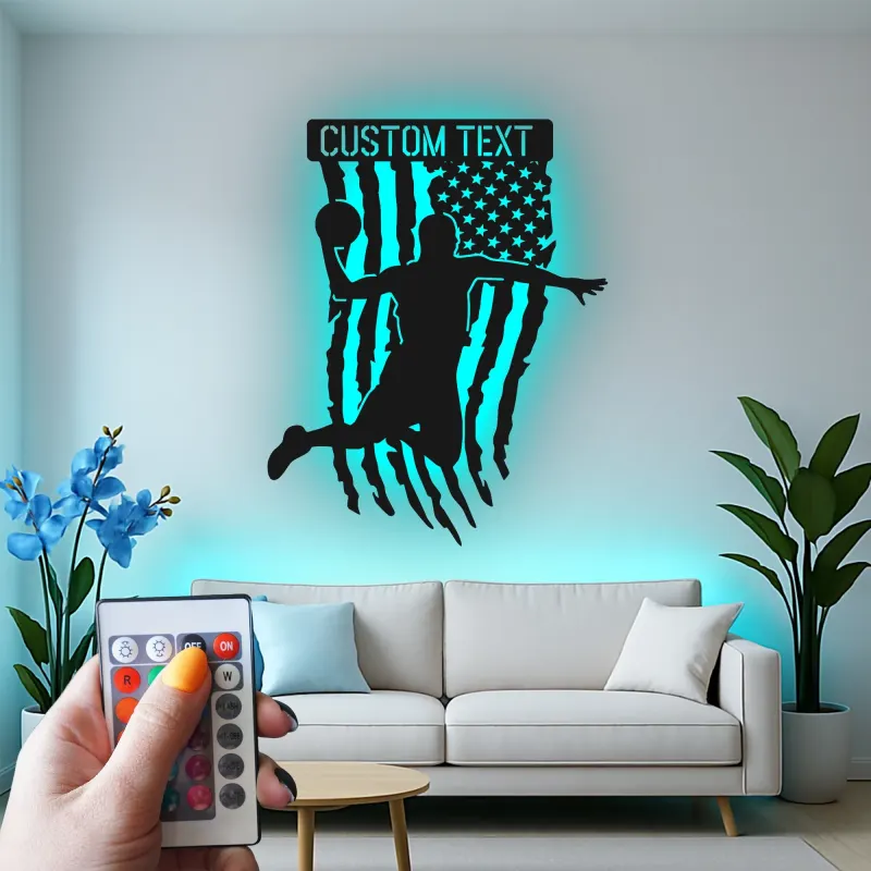Insegna LED in metallo personalizzata per basket | Arte murale sportiva patriottica | Regalo personalizzato per atleta | Decorazione camera ragazzi
