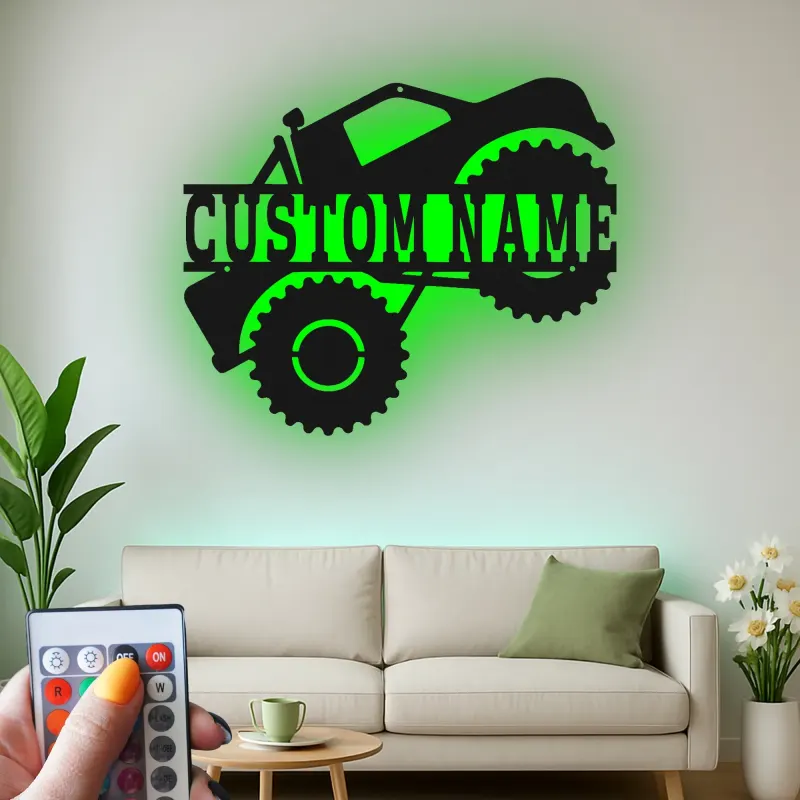 Insegna LED Monster Truck Personalizzata | Arte in Metallo Personalizzata | Decorazione Stanza dei Ragazzi e Regalo Fuoristrada | Targa Illuminata