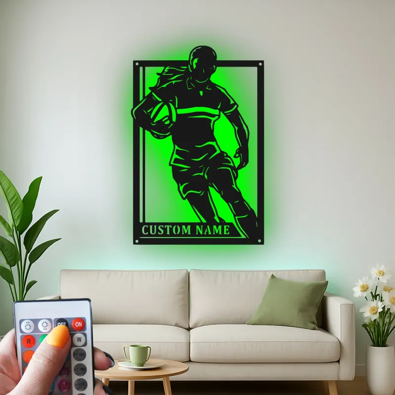 Décoration murale en métal personnalisée avec lumière LED de joueur de rugby