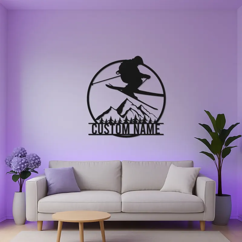 Insegna LED in metallo personalizzata per sciatore | Arte murale di montagna su misura | Arredo e regalo per baita e sci freestyle