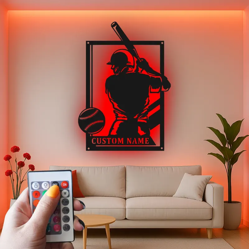 Custom Baseball Player Led Light Metal Wall Art Personalized Sports Gift for Athletes Game Room Decor 1