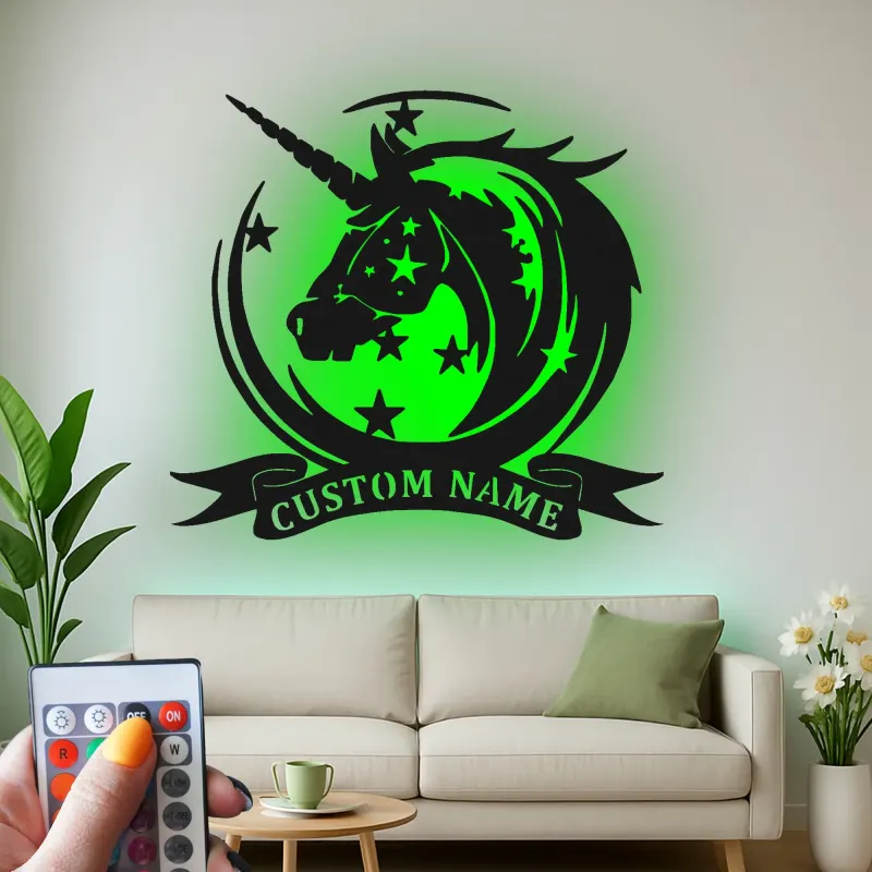 Cartel de metal LED personalizado de unicornio, regalo para decoración mágica de habitación infantil