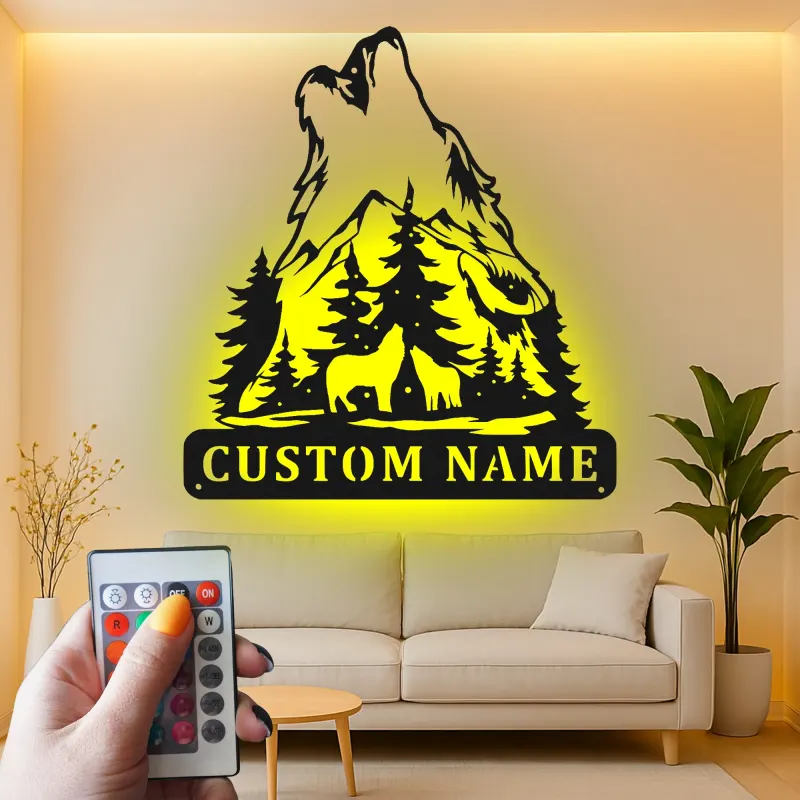 Custom Howling Wolf Led Light Metal Wall Art Personalized Gift for Nature Lovers Cabin Decor
