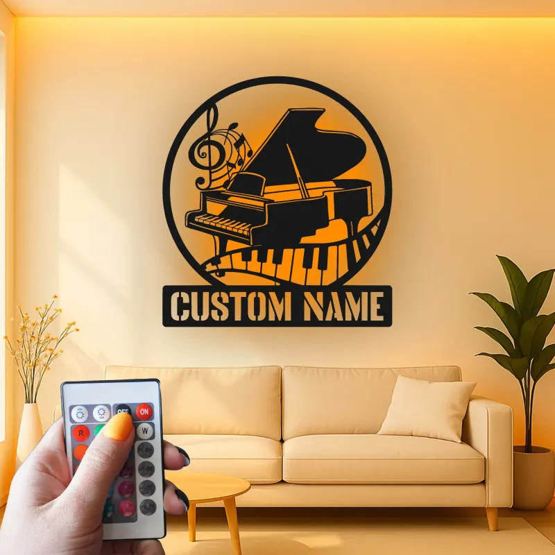 Cartel de piano personalizado con LED | Decoración mural de metal personalizada de piano de cola | Decoración de estudio de música y regalo para pianista