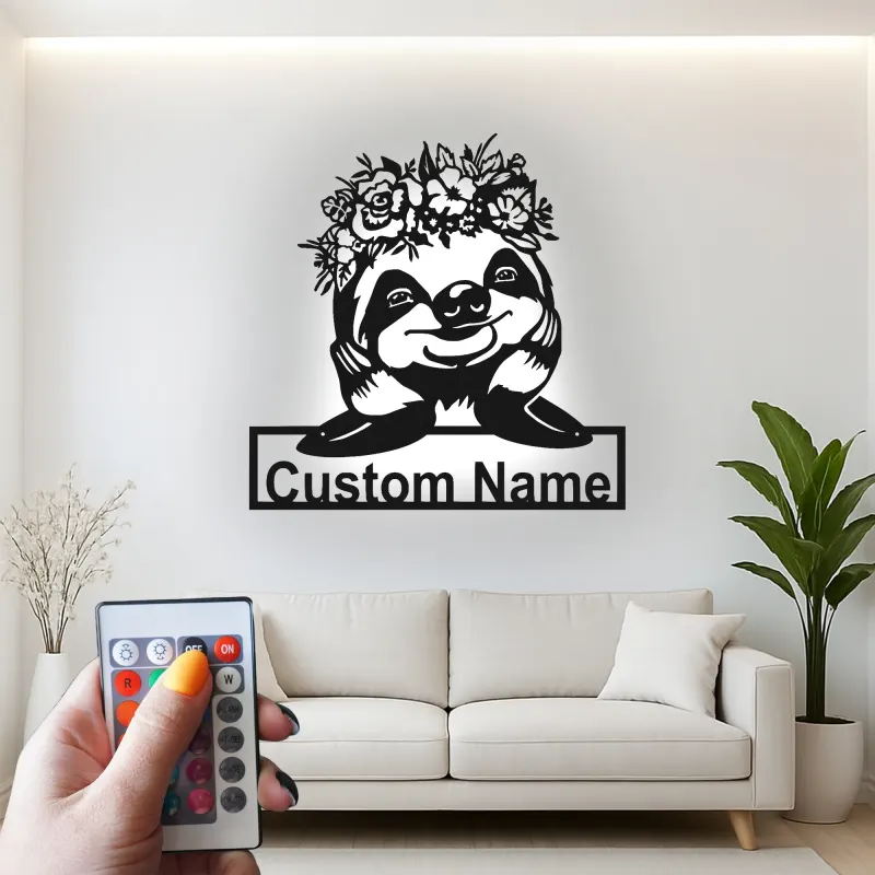 Insegna con Nome Personalizzata di Bradipo con LED | Insegna in Metallo Personalizzata | Decorazione per Nursery e Stanza dei Bambini | Luce Animale Floreale