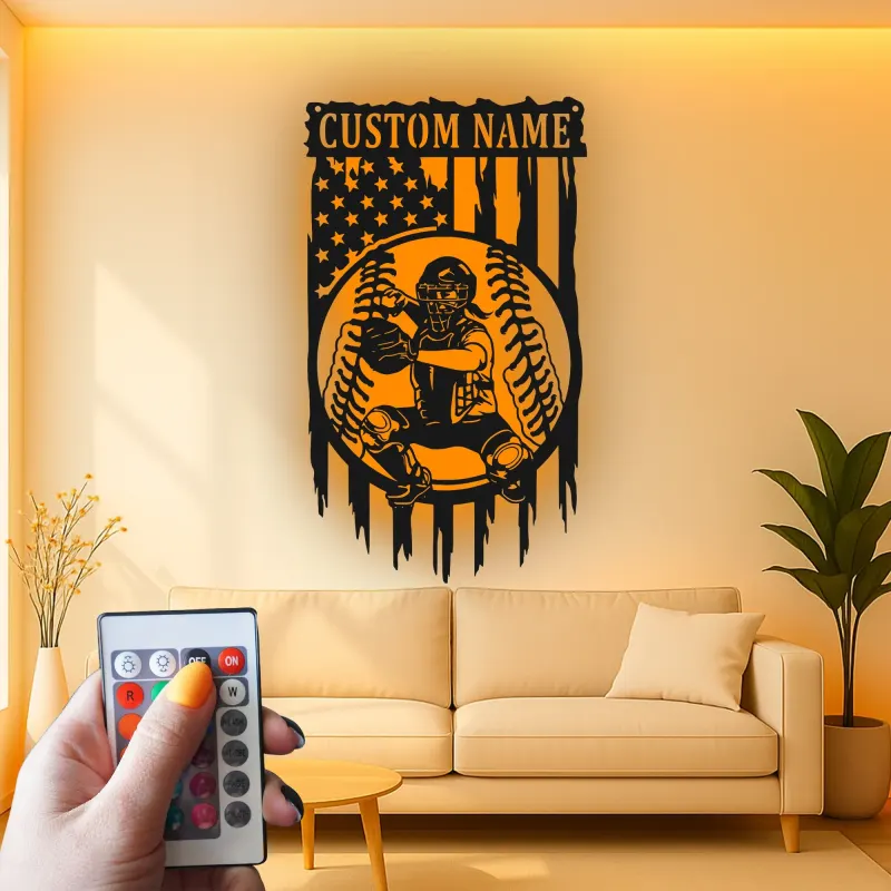Insegna in metallo personalizzata con luce LED per catcher di baseball - Regalo personalizzato per appassionati di baseball e decorazione per stanze sportive