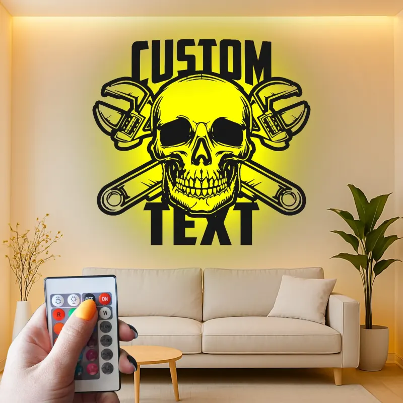 Mechanic Skull LED Sign | Custom Metal Wall Art for Garage | Personalized Man Cave Decor | Biker Bar & Workshop Gift Idea
