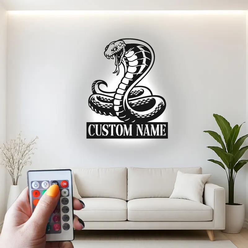 Cartel de cobra personalizado con LED | Arte mural de serpiente personalizada | Regalo para amante de reptiles | Decoración exótica para sala de juegos y cueva de hombre