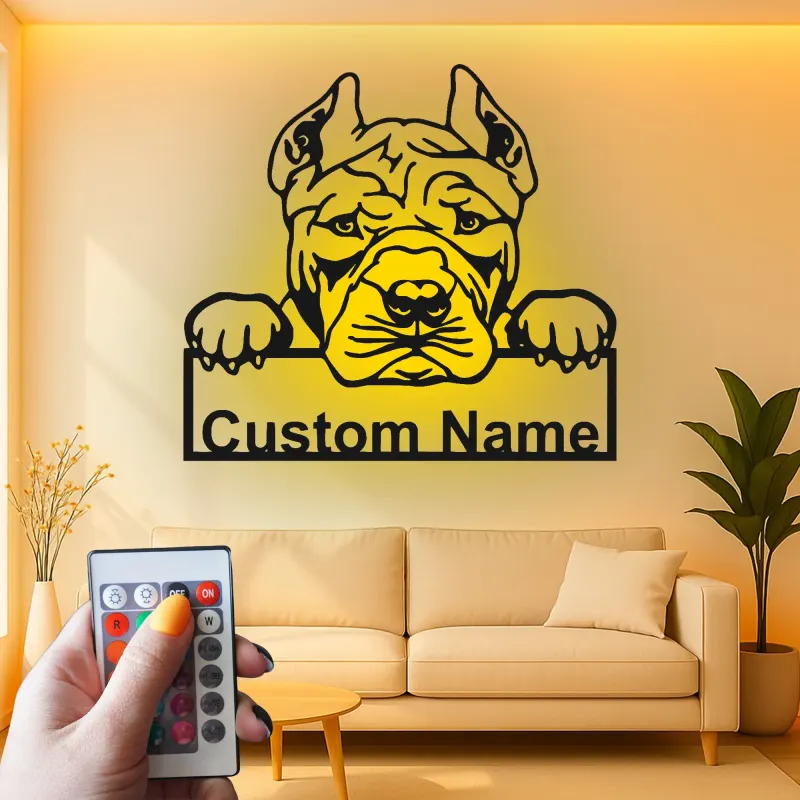 Décoration murale en métal LED personnalisée pour Pitbull - Cadeau pour amoureux des chiens - Décor pour salon