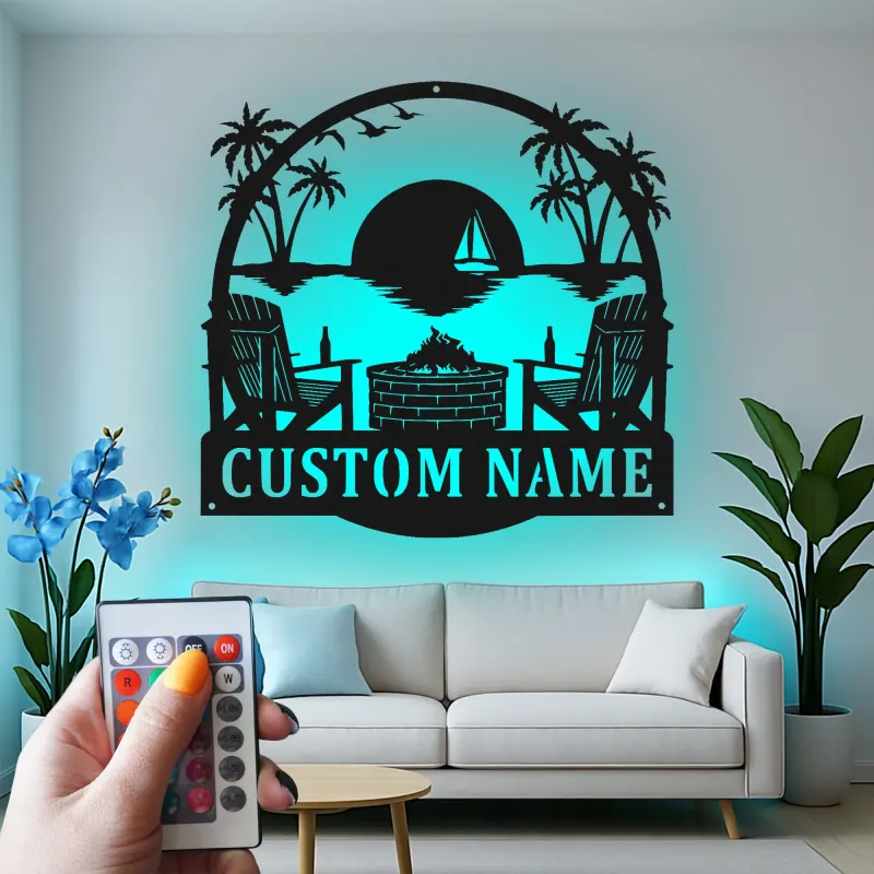 Décoration murale en métal personnalisée coucher de soleil sur la plage avec rétroéclairage LED cadeau pour couples décoration de patio ou salon
