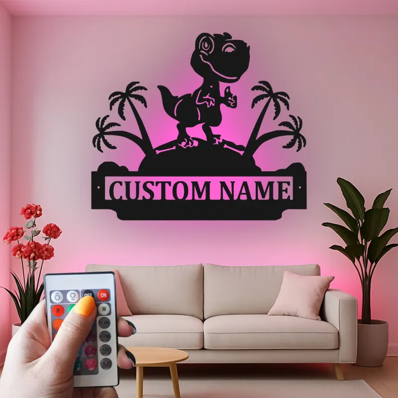 Cartel de metal LED de dinosaurio personalizado para regalo de habitación infantil, decoración de guardería con diseño de T-Rex