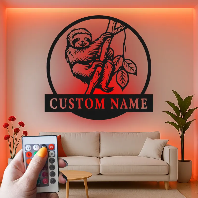 Insegna per nursery con bradipo e LED | Targa in metallo personalizzata con nome | Decorazione per stanza dei bambini a tema giungla | Arte da parete animale personalizzata