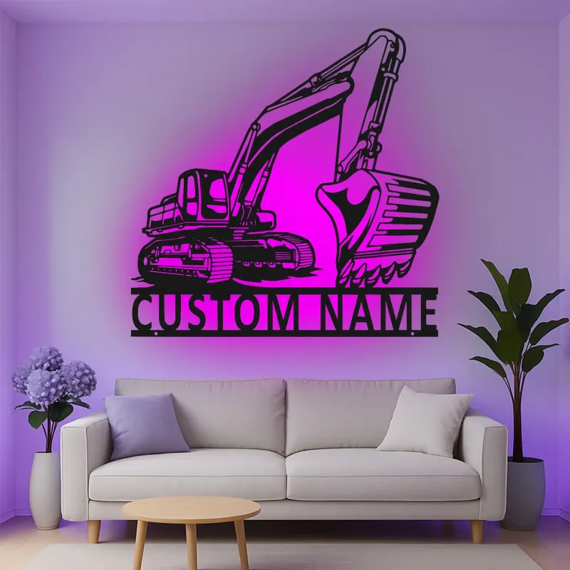 Custom Excavator Led Light Metal Wall Art Personalized Gift for Construction Enthusiasts Office or Garage Decor