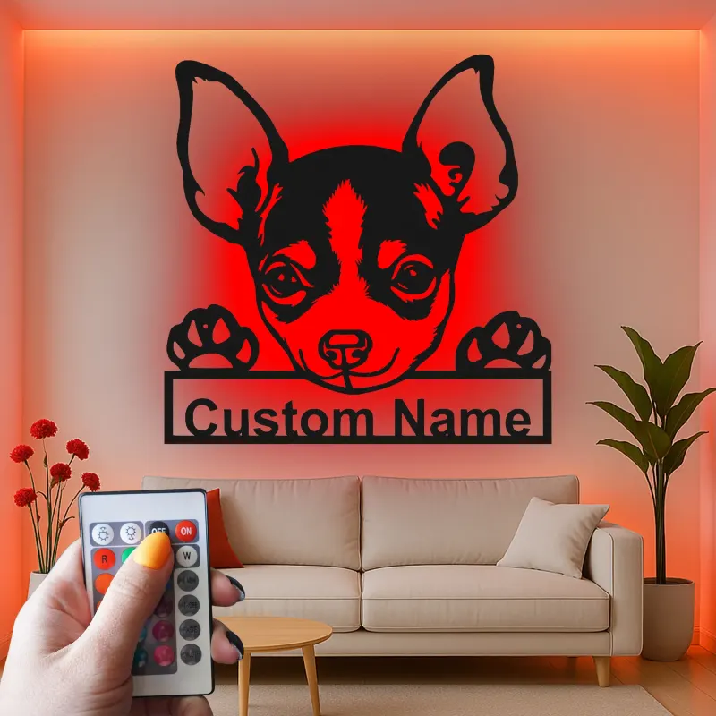 Décoration murale en métal personnalisée Chihuahua avec Rétroéclairage - Cadeau pour Amateurs de Chiens - Décor de Salon