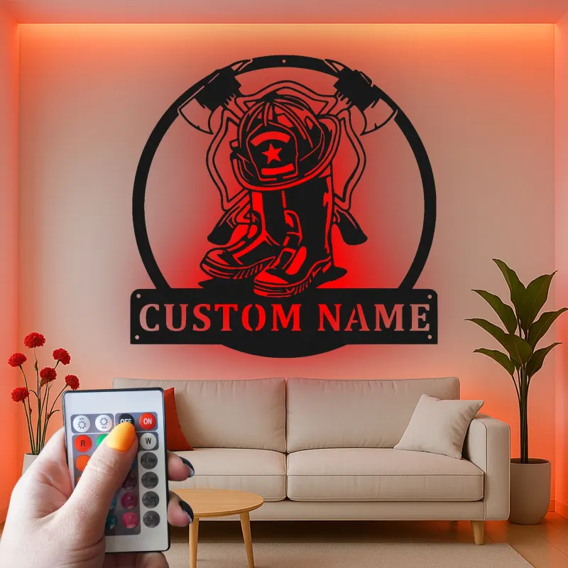Regalo personalizzato per vigile del fuoco | Arte murale in metallo LED | Insegna con nome personalizzata per stazione o decorazione Man Cave
