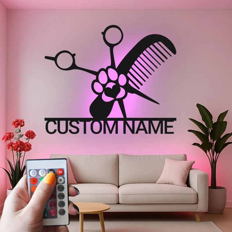 Personalized Pet Groomer Sign | Custom Metal LED Wall Art | Grooming Salon Decor with Name | Scissors & Comb Logo
