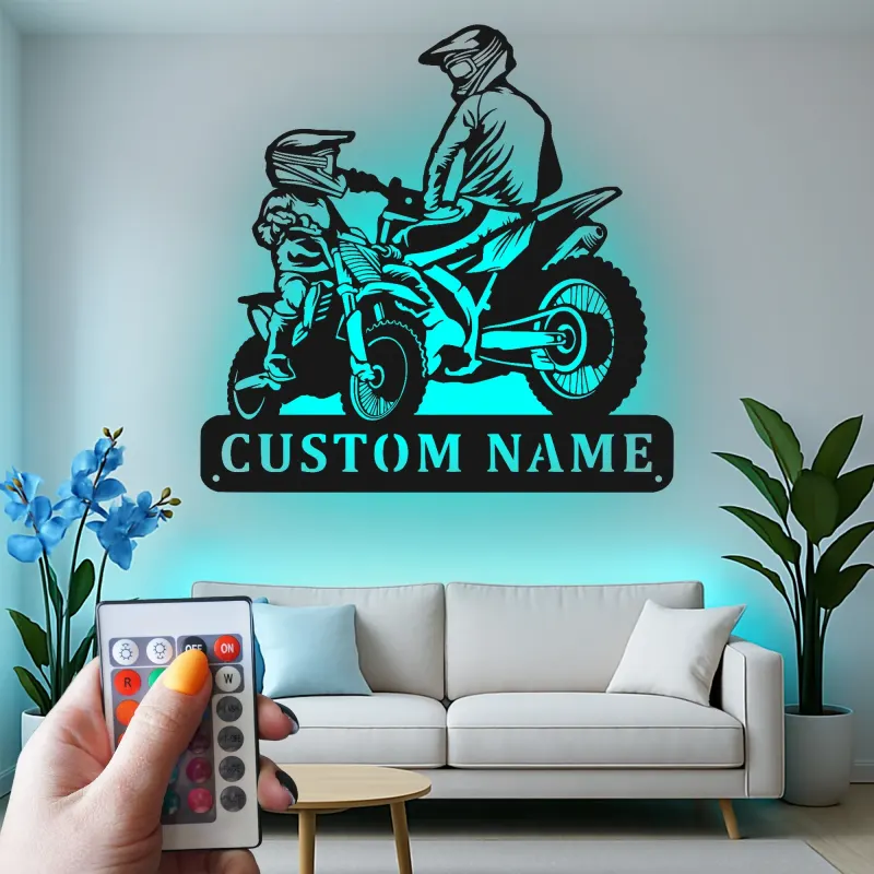 Custom Motocross Riders Led Light Metal Wall Art Personalized Gift for Dirt Bike Enthusiasts Man Cave Decor