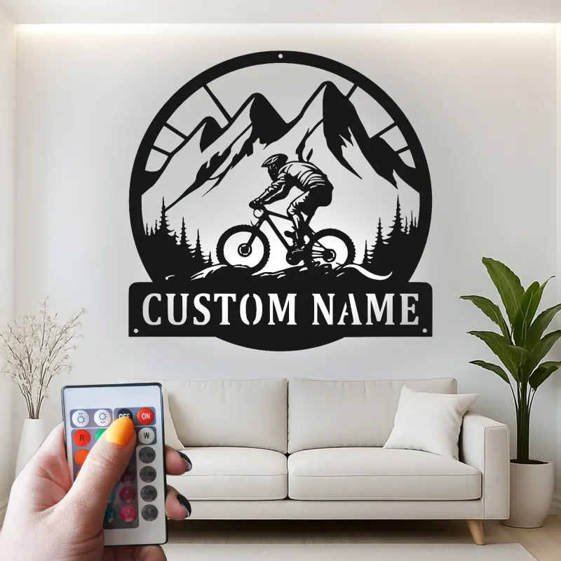 Custom Mountain Biker Sign | LED Metal Wall Art | Personalized Cyclist Gift for Outdoor Lover | Trail Rider Decor