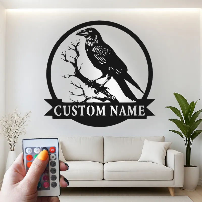 Décoration murale en métal LED Raven | Enseigne gothique personnalisée | Décor de corbeau personnalisé pour bureau et maison