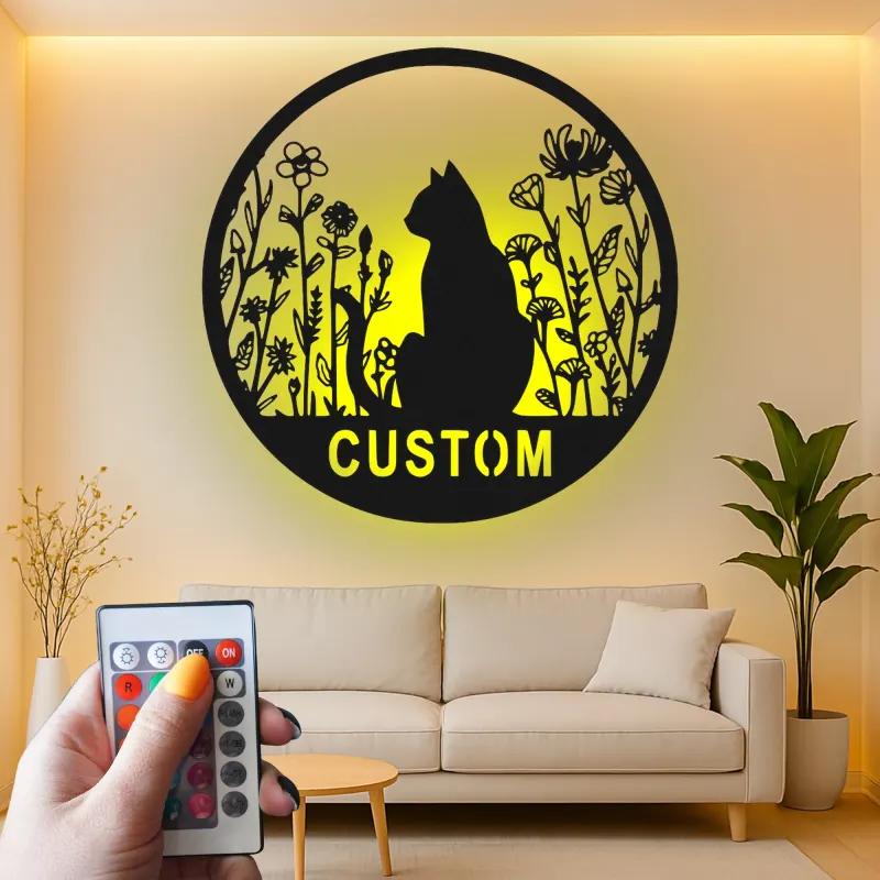 Insegna in metallo personalizzata con silhouette di gatto e luce LED regalo per amanti dei gatti decorazione per camera da letto o soggiorno 1
