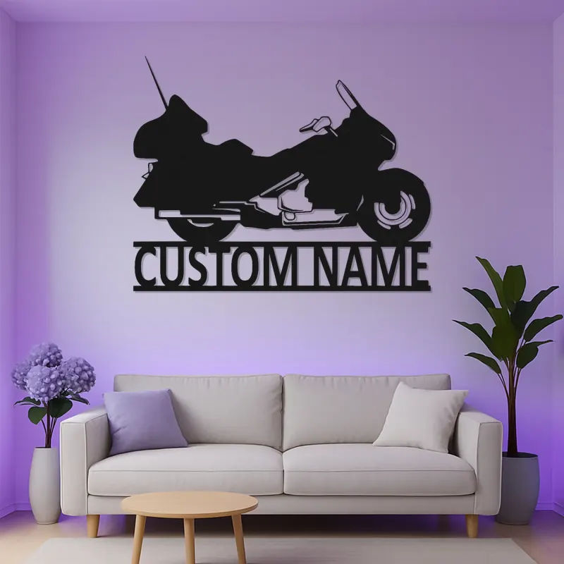 Personalized Motorcycle Metal Wall Art | Custom Biker Name Sign with LED | Touring Bike Garage Decor for Rider
