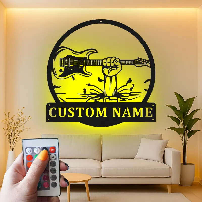 Enseigne LED guitare en métal personnalisée | Décoration murale prénom musicien | Décor studio rock et bar à domicile