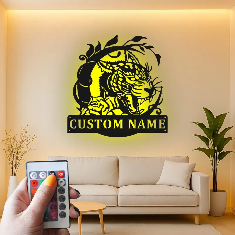 Décoration murale LED en métal jaguar personnalisé | Panneau prénom pour bureau et man cave | Déco prédateur de la jungle avec éclairage télécommandé