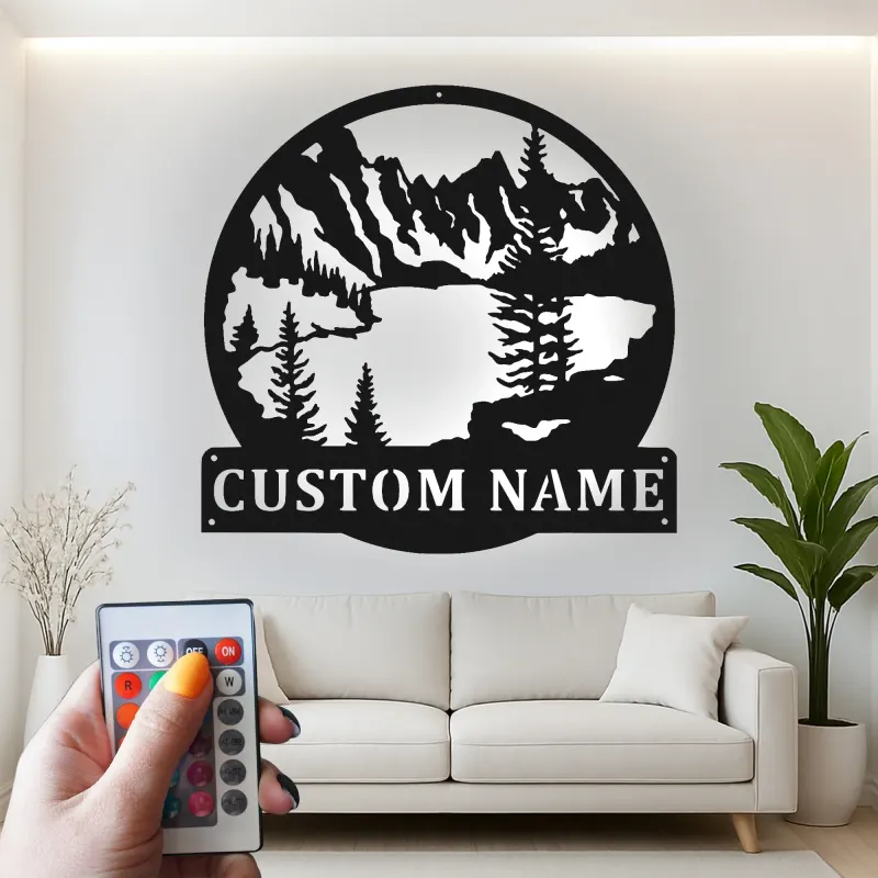Custom Mountain Metal Art with LED | Personalized Lake House Sign | Rustic Cabin Decor with Backlight