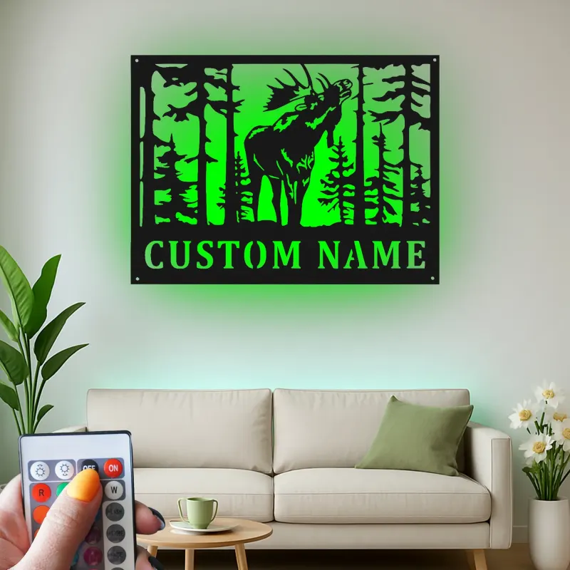 Décoration murale en métal personnalisée avec orignal et forêt en rétroéclairage - Cadeau personnalisé pour les amoureux de la nature, décoration de cabane