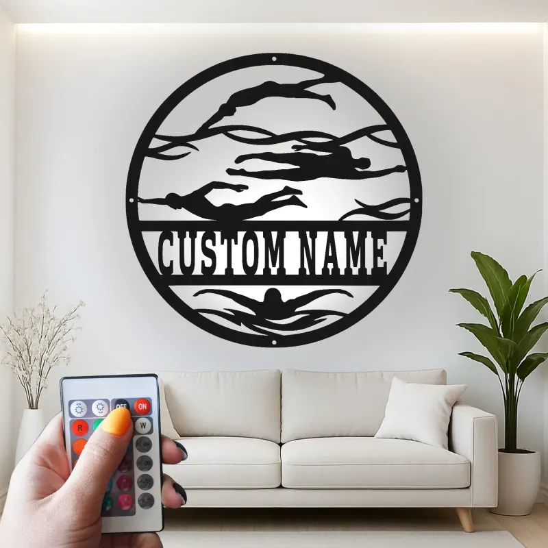 Décoration murale en métal LED personnalisée pour nageurs - Cadeau pour nageurs, décoration de salle de sport ou de piscine