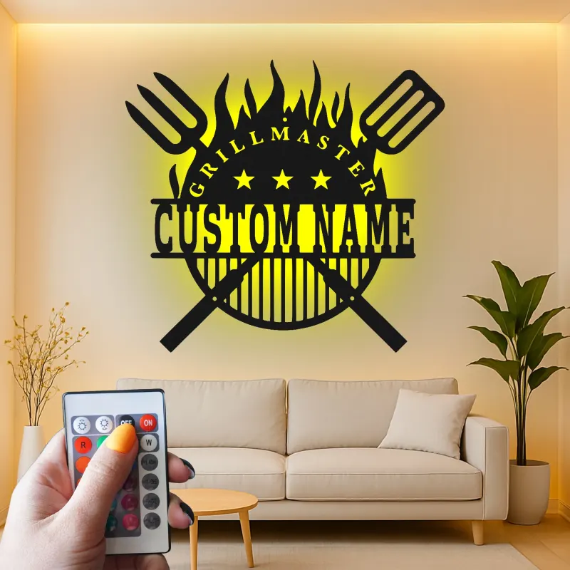 Personalized BBQ Metal Sign with LED | Custom Grillmaster Wall Art | Outdoor Patio Decor & Grilling Gift for Dad