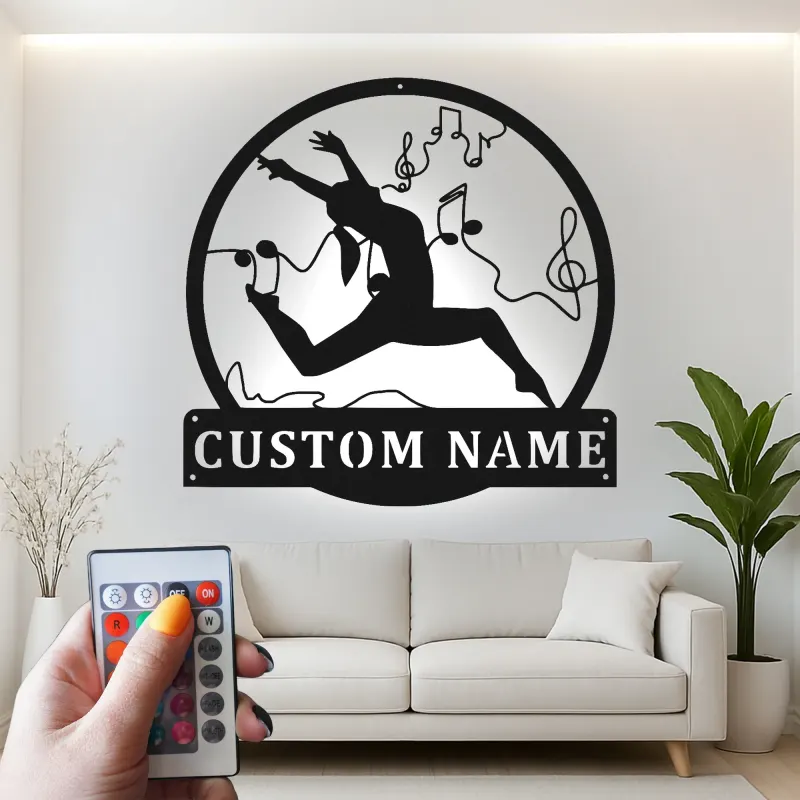 Personalisierte LED-Metall-Wandkunst mit Tänzer und Noten – Geschenk für Tanzliebhaber, Studio- oder Schlafzimmerdeko