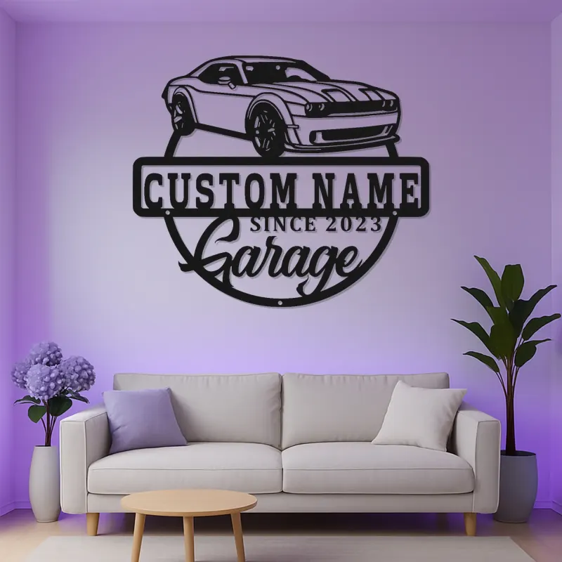 Insegna Garage Challenger Personalizzata | Insegna in Metallo LED | Decorazione per Man Cave per Appassionati di Auto
