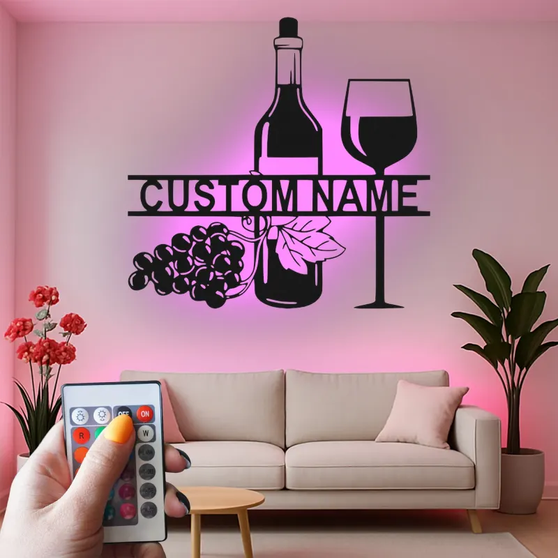 Personalisierte LED-beleuchtete Metall-Wandkunst mit Weinflasche und Glas – Geschenk für Weinliebhaber für Küche oder Bar