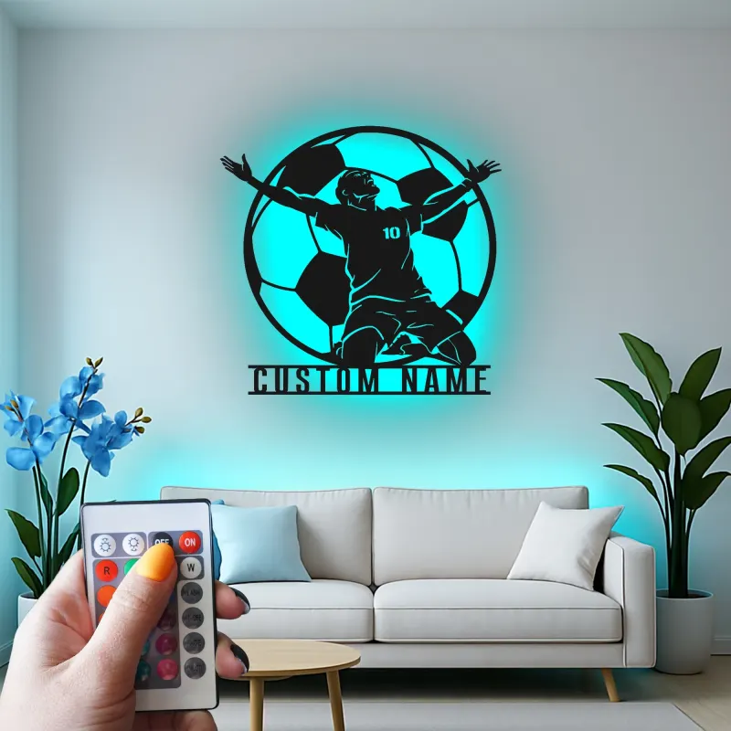 Panneau LED Personnalisé Joueur de Football | Décoration Murale en Métal Personnalisée | Décor de Salle de Jeux pour Athlète | Cadeau Fan de Football