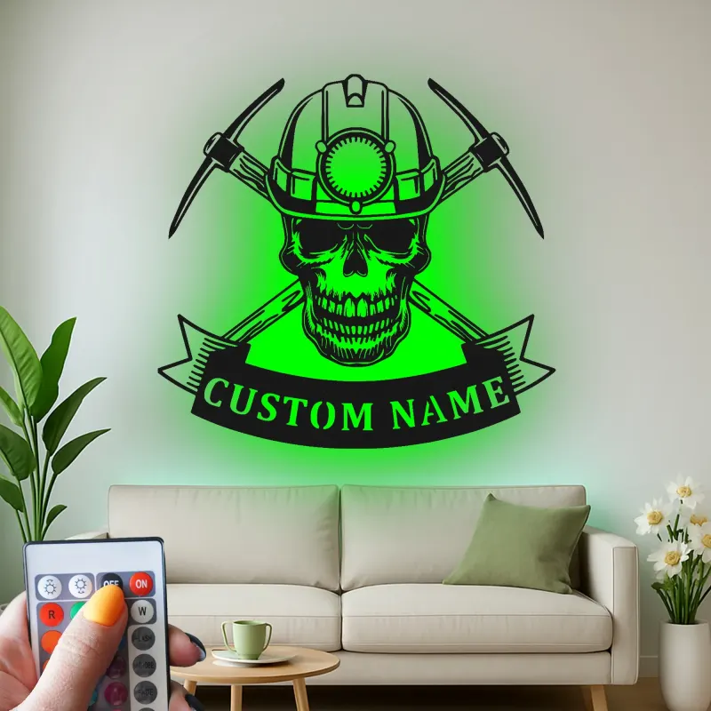 Personalisierte Kohlenbergmann Schädeltafel | LED Metall-Wandkunst für Man Cave | Vintage Bergmannhelm & Pickaxe Dekor | Geschenk für Ihn