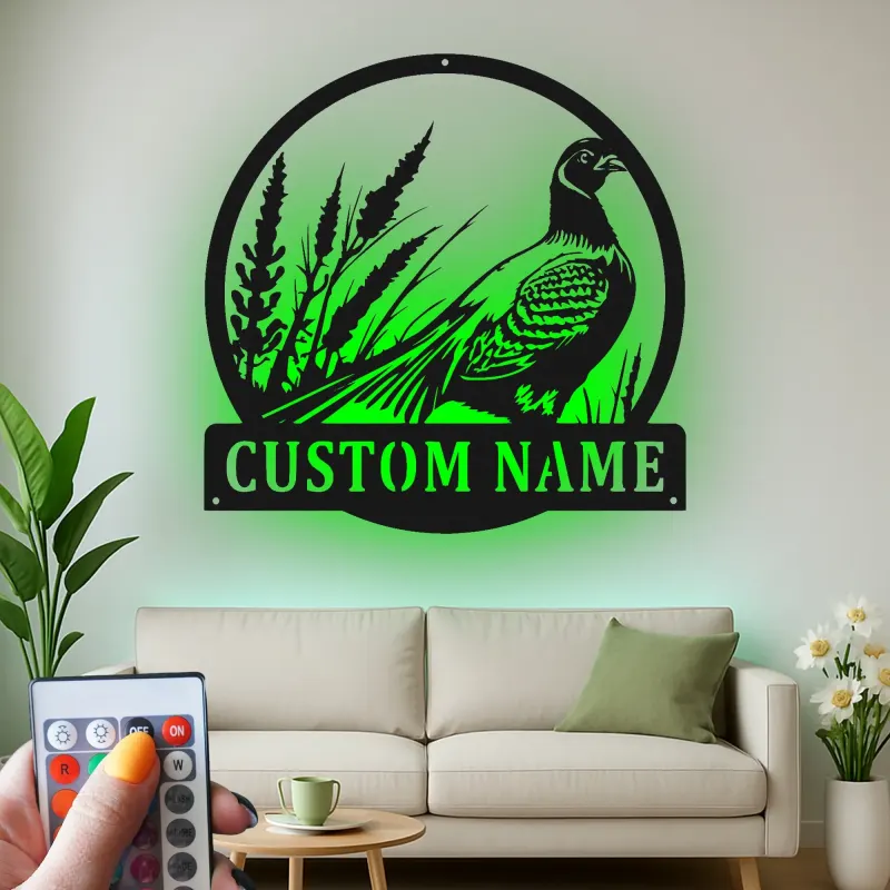 Insegna in Metallo Pheasant | Regalo Personalizzato per Cacciatori con Insegna LED con Nome | Decorazione per Cabina & Lodge