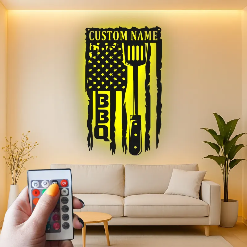Cartel de metal personalizado con espátula BBQ y luz LED, regalo para el maestro de la parrilla, decoración para el patio exterior