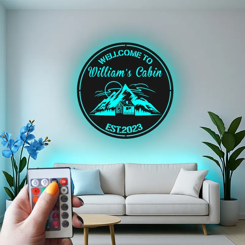 Custom Mountain Cabin Led Light Metal Wall Art Personalized Housewarming Gift Rustic Cabin Decor