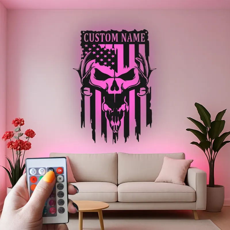 Insegna in metallo personalizzata con teschio di cervo e bandiera americana luce LED regalo per lui decorazione rustica per man cave