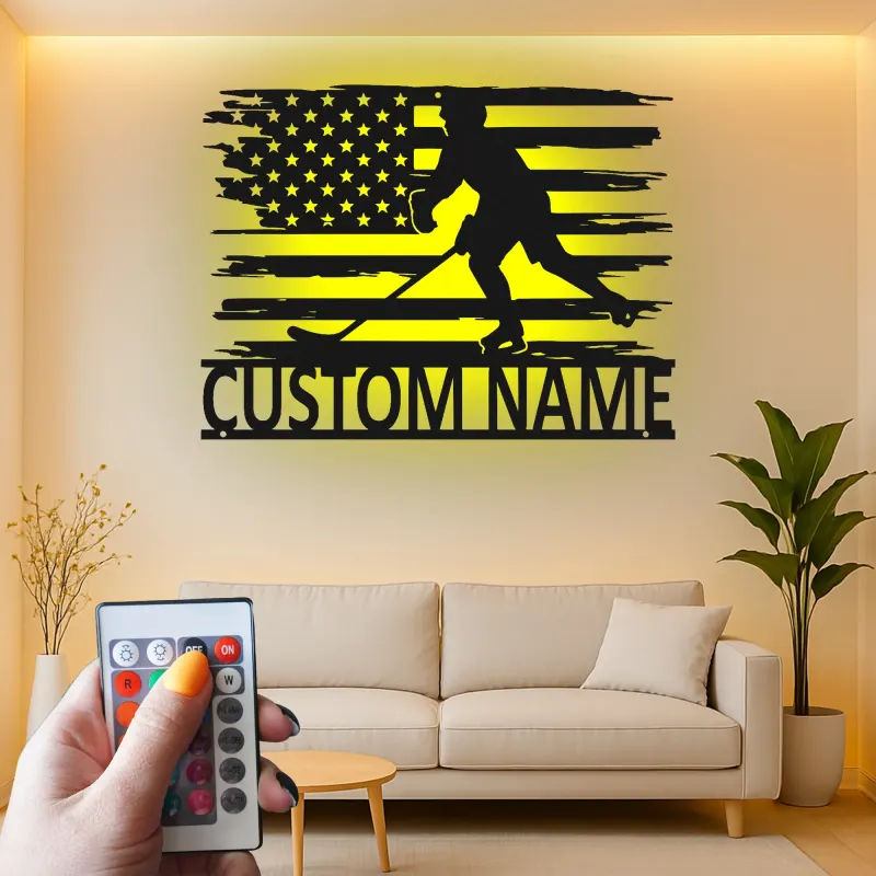 Personalized Hockey Player Metal Sign | Custom Name LED Wall Art with USA Flag | Game Room Decor for Sports Fan