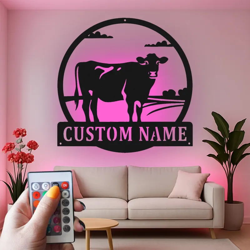 Décoration murale en métal LED personnalisée de vache - Cadeau de ferme rustique - Décor de grange pour amoureux des animaux