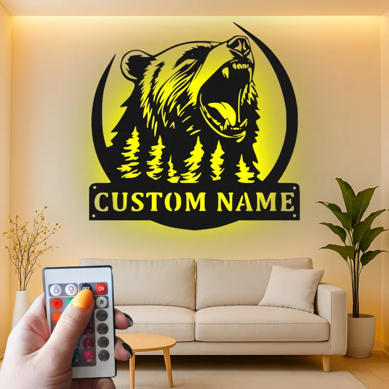 Décoration murale en métal personnalisée avec éclairage LED Forêt d'Ours Cadeau pour Amateurs de Nature Décor de Cabane ou Lodge