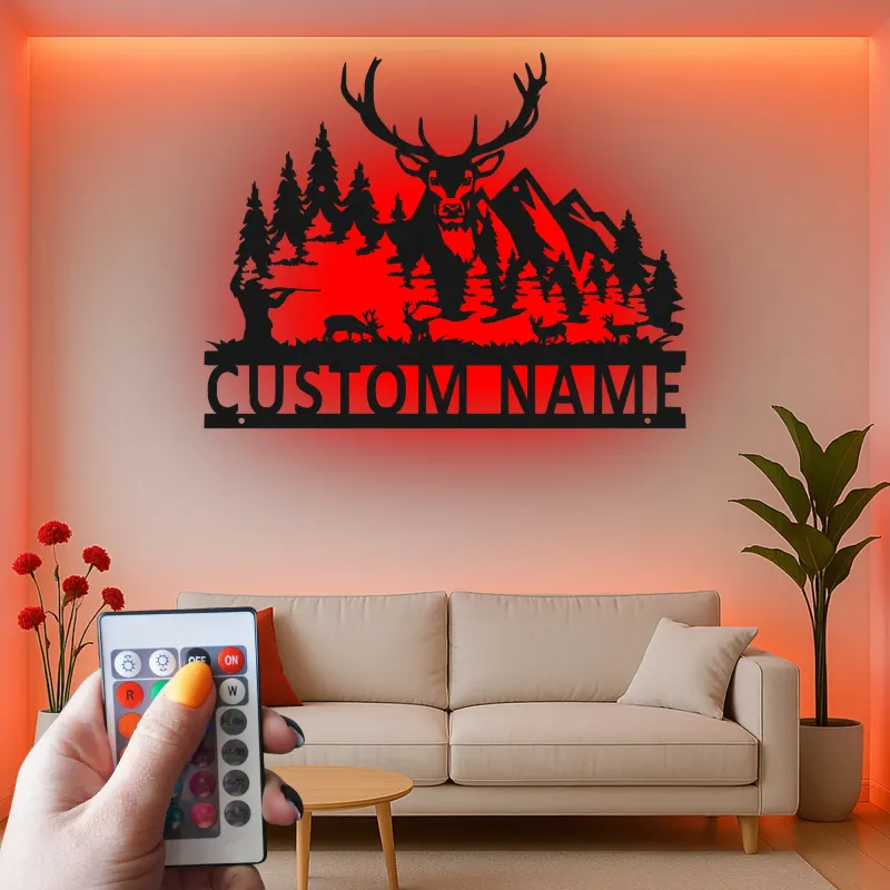 Custom Deer Hunter Led Light Metal Wall Art Personalized Gift for Hunters Rustic Cabin Decor 1