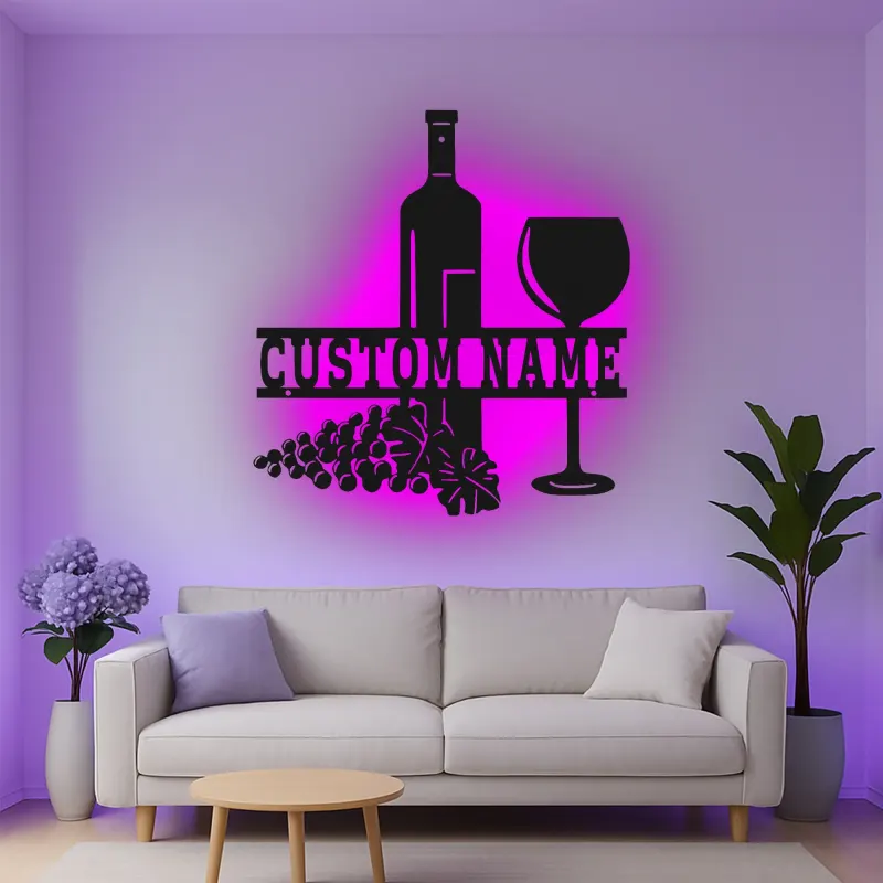 Décoration murale en métal personnalisée pour bouteille et verre de vin avec rétroéclairage LED - Cadeau personnalisé pour les amateurs de vin - Décor de cuisine ou de bar