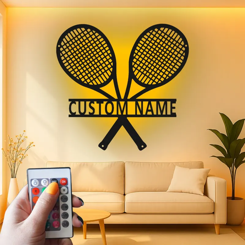 Cartel de metal LED de raquetas de tenis personalizado, regalo para amantes del tenis, decoración de sala de juegos 2