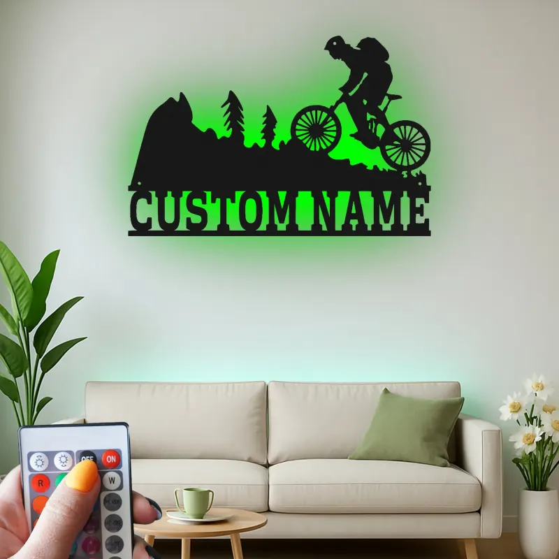 Custom Mountain Biker Sign | Personalized Cyclist LED Metal Wall Art | Outdoor Adventure Decor Gift for Bike Lovers