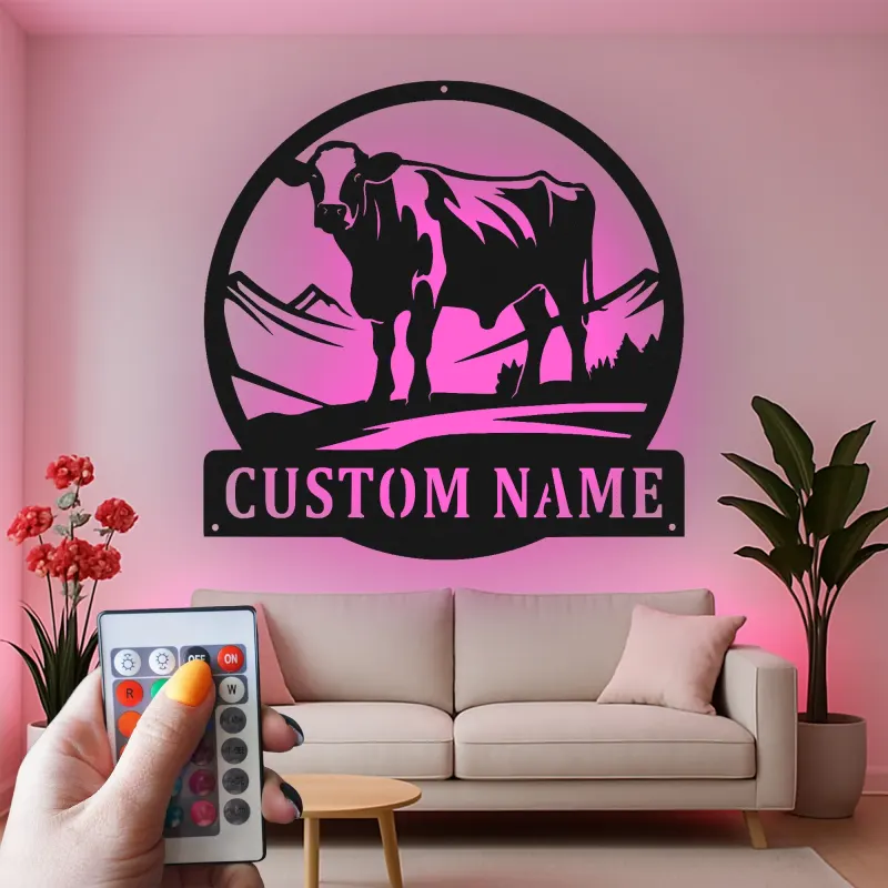 Décoration murale en métal LED personnalisée de vache - Cadeau de ferme pour éleveurs - Décor rustique pour le salon