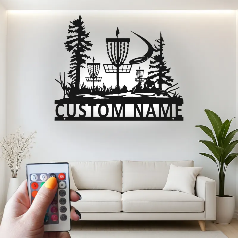 Décoration murale en métal personnalisée avec rétroéclairage LED pour panier de disc golf - Cadeau personnalisé pour disc golfers